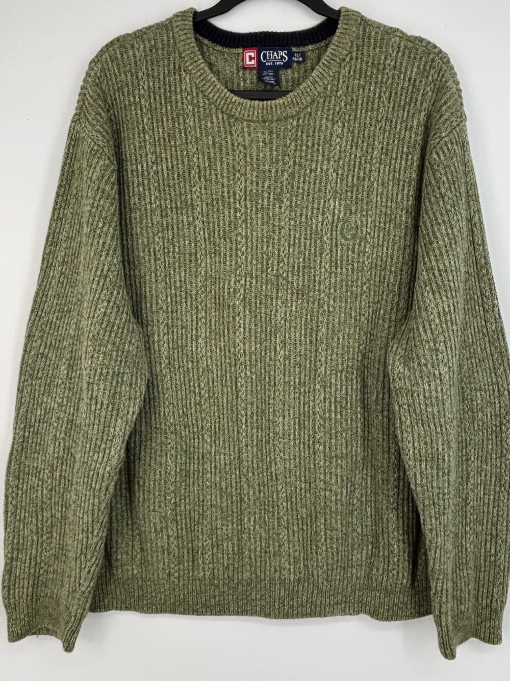 Chaps Mens XL Pullover Sweater Olive Green 100% Cotton Cable Knit Vintage Logo